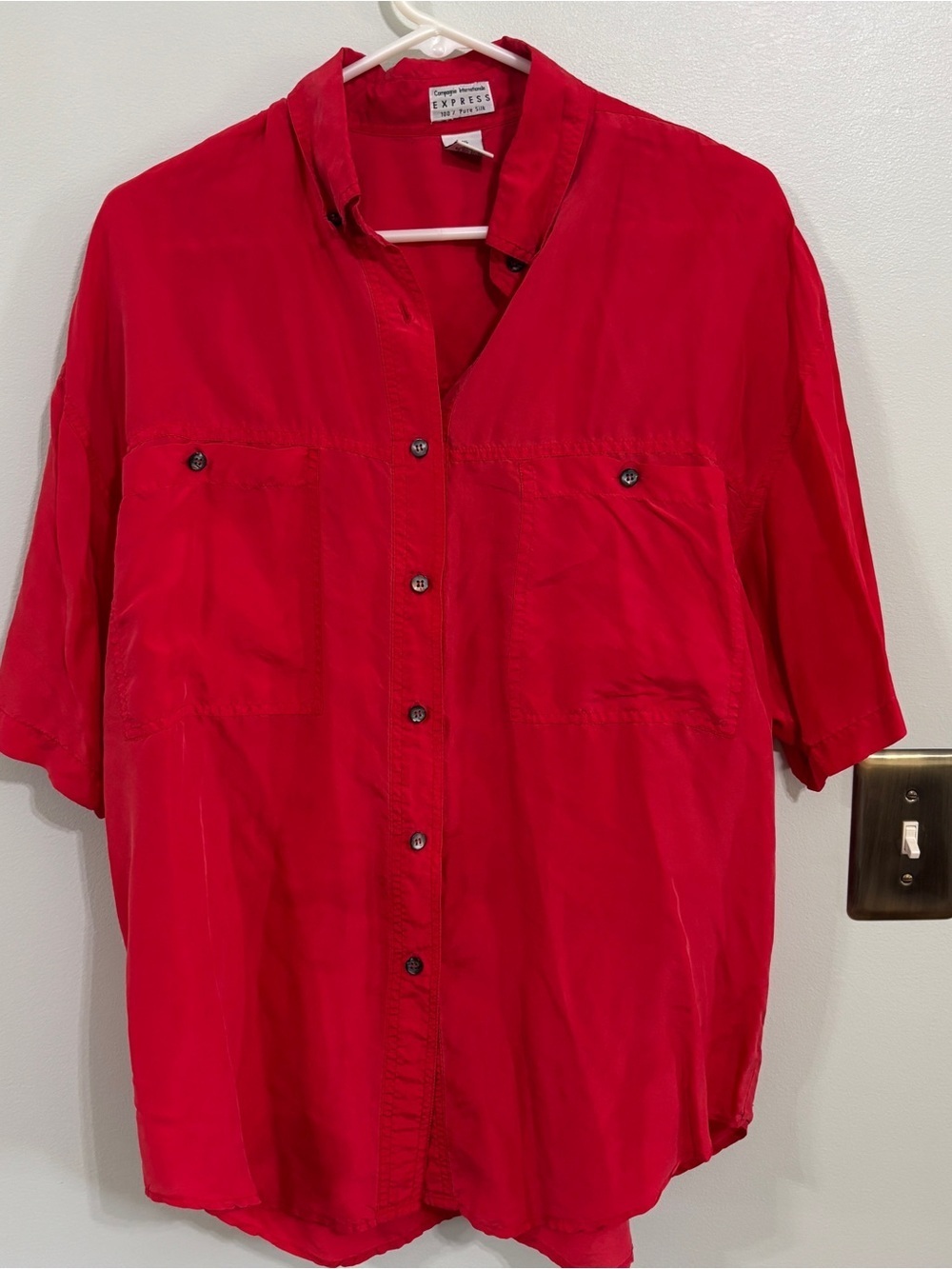 Vintage Express red silk button down short sleeve blouse size medium